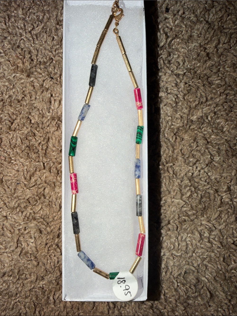 Multicolor Bead and Gold-Tone Tube Necklace - Pink Green Blue